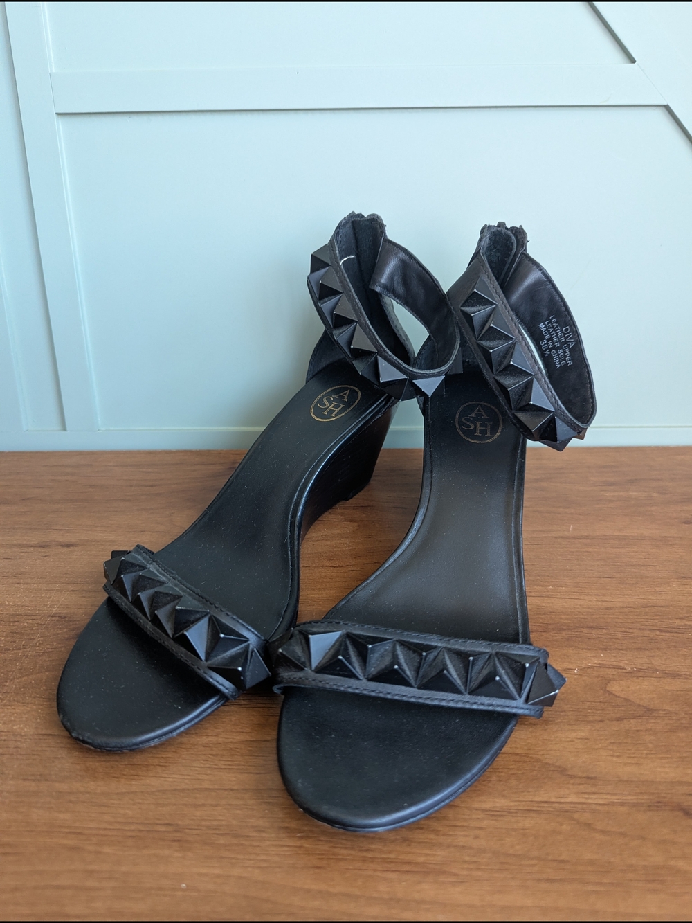 Ash Black Pyramid Stud Leather Wedge Sandals.